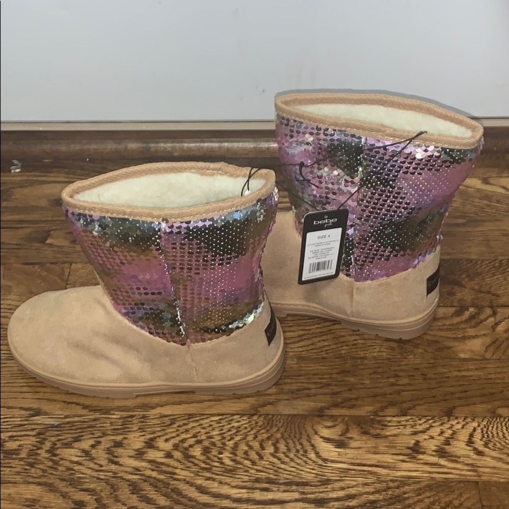 Bebe sequin microsuede faux fur lined boots